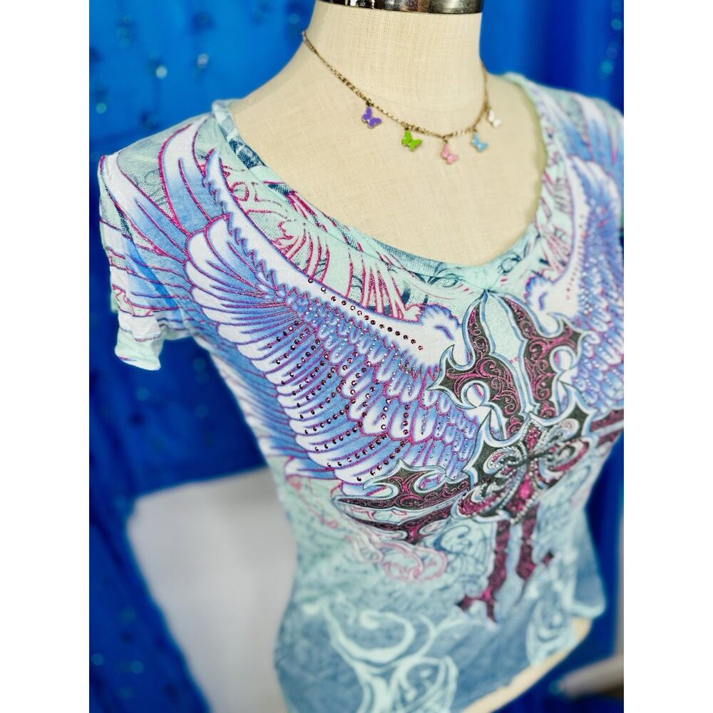 Y2K Grunge Goth Teal And Glitter Pink Cross Jeweled Xzavier Shirt Small Festival